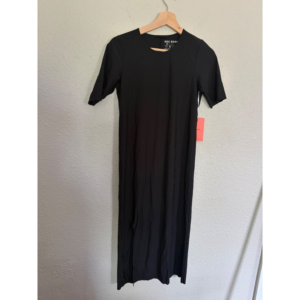 Rec Room Everywhere Wear Black Maxi Dress Short Sleeve Side Slit XS NWT